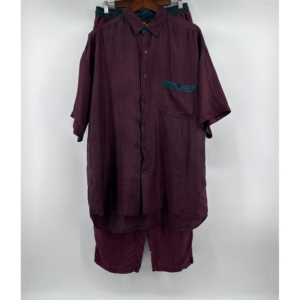 Vintage Max Deco 100% Silk Pajama Set Mens L/XL Burgundy Check 90s Loungewear